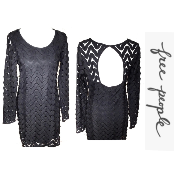 Free People Women's Black Crochet Mini Long Sleeve Dress Medium - Picture 1 of 9